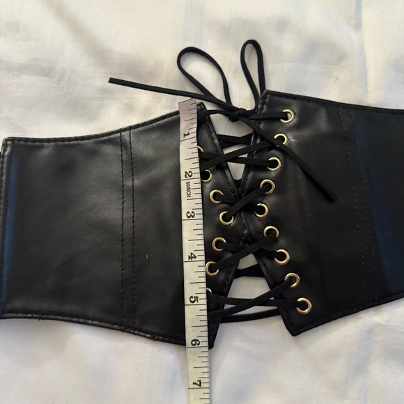 Black faux leather wide elastic waistband lace up corset belt - Picture 6 of 7